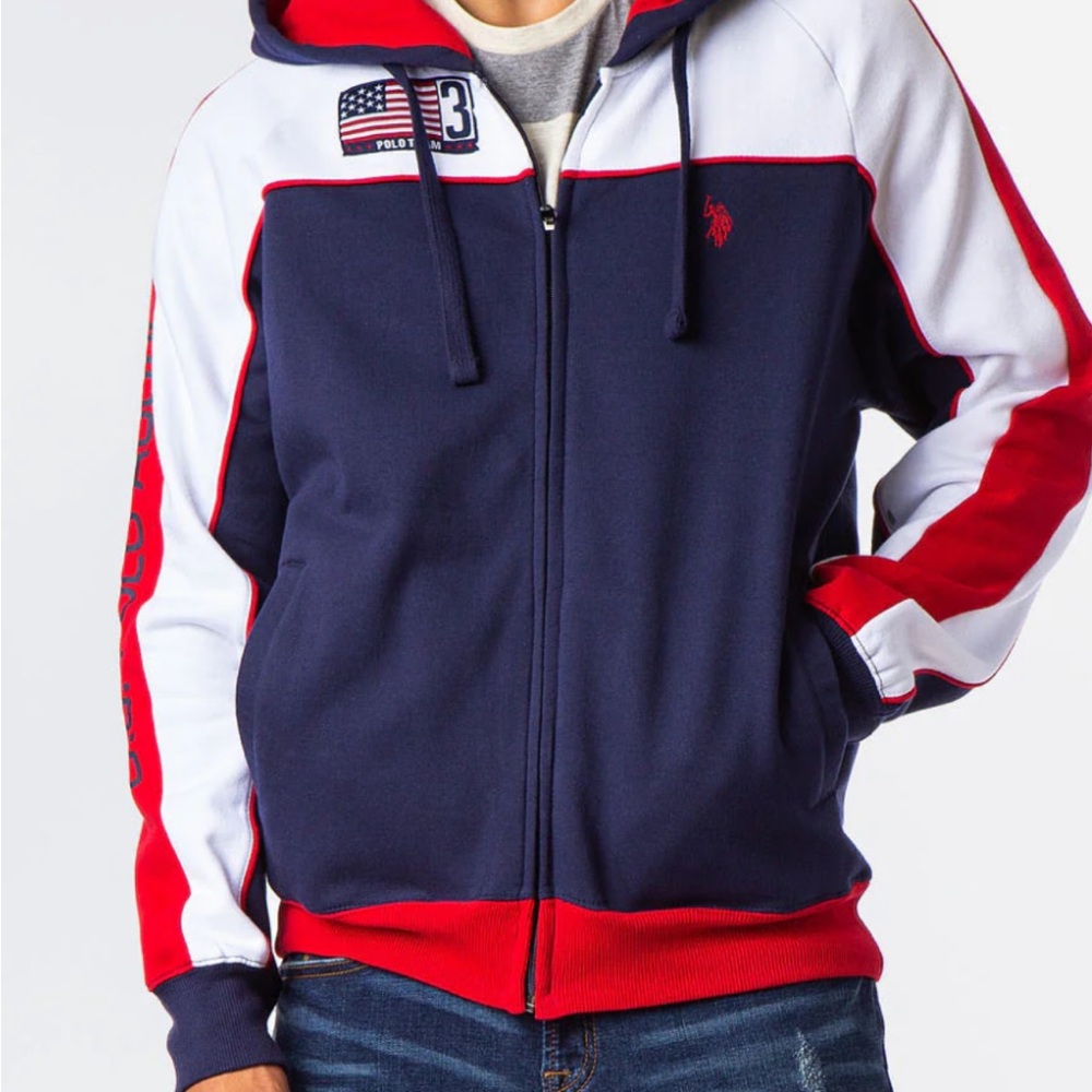 U.S. Polo Assn. Men's Navy, Red, and White Zip Up Sweater Vintage